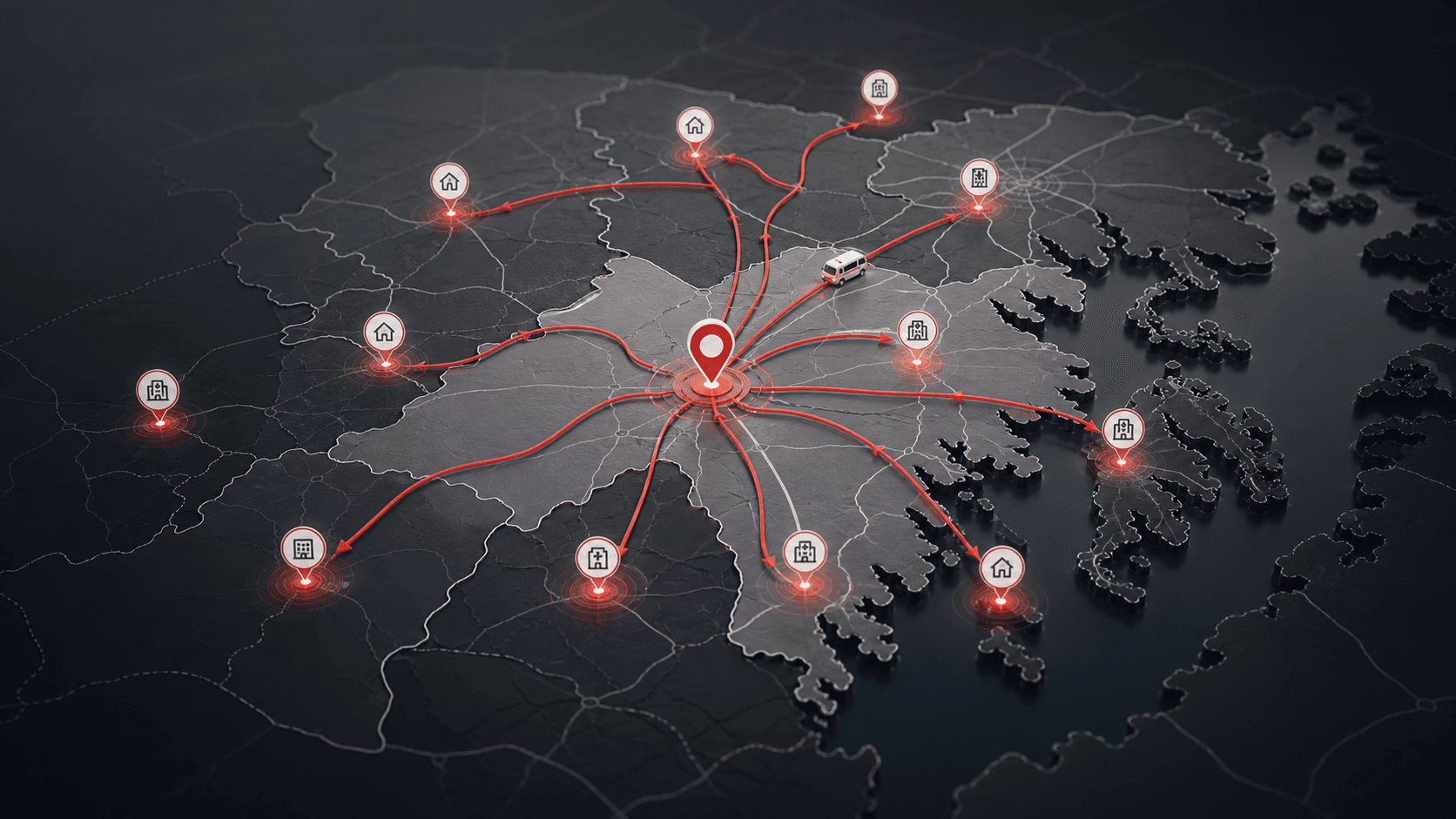 Stylized red route map representing Washington DC, Maryland, and Virginia coverage