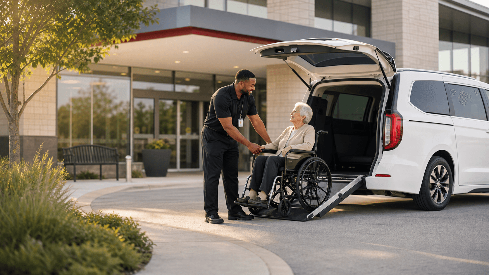 MediGo-style non-emergency medical transport van with professional wheelchair assistance