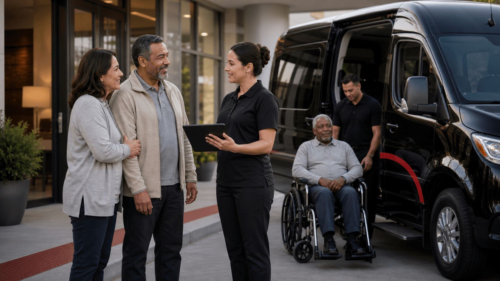 Professional NEMT driver coordinating a facility transfer with healthcare staff