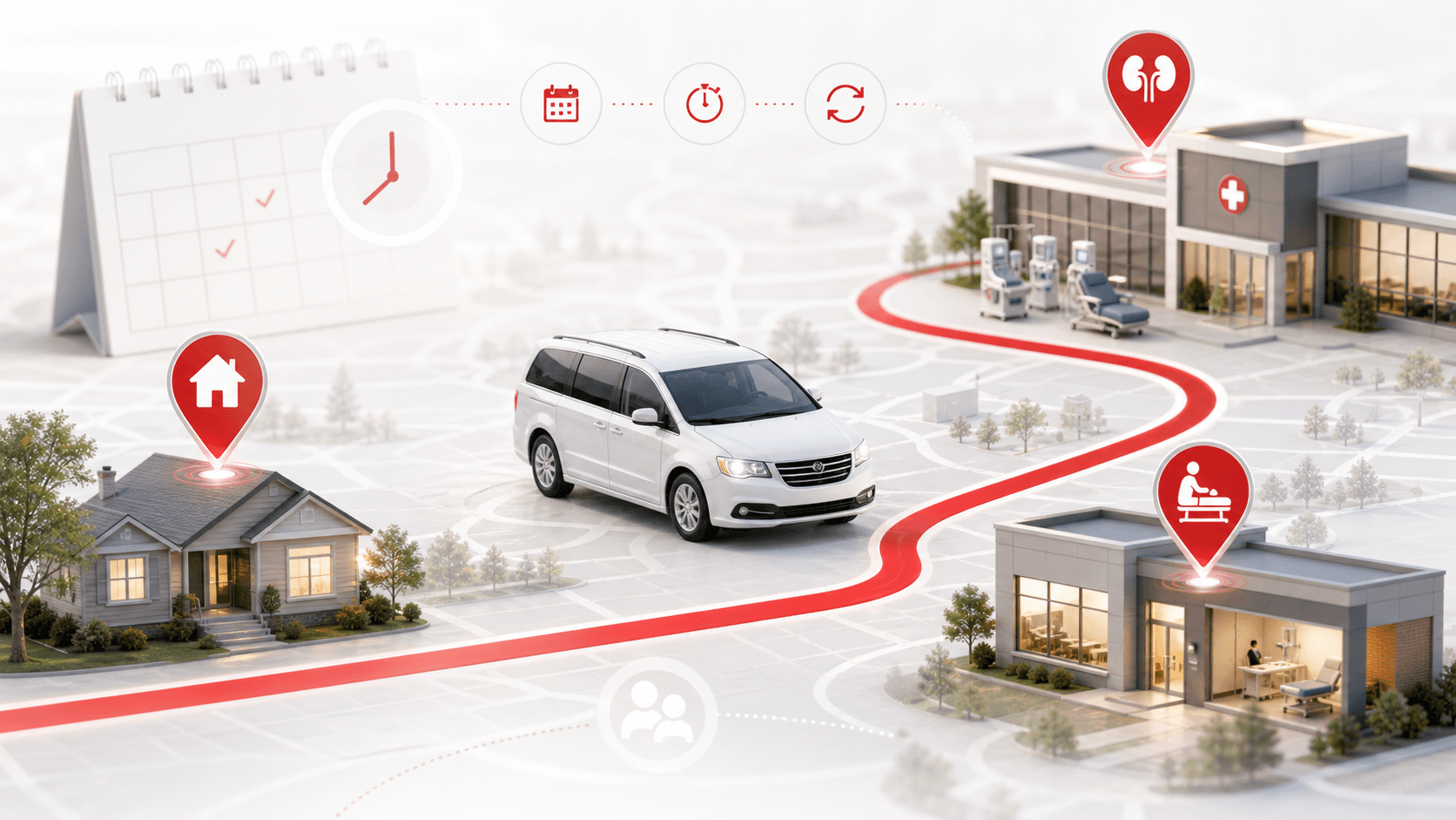 Illustration of recurring NEMT route between home and healthcare facilities